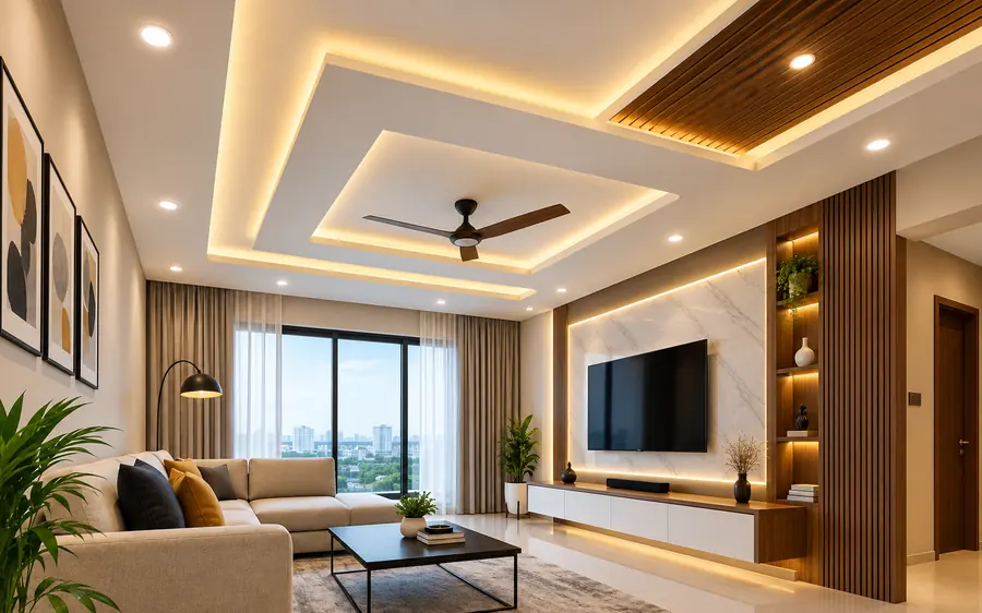 Multi-level false ceiling with warm cove lighting in a Chennai living room