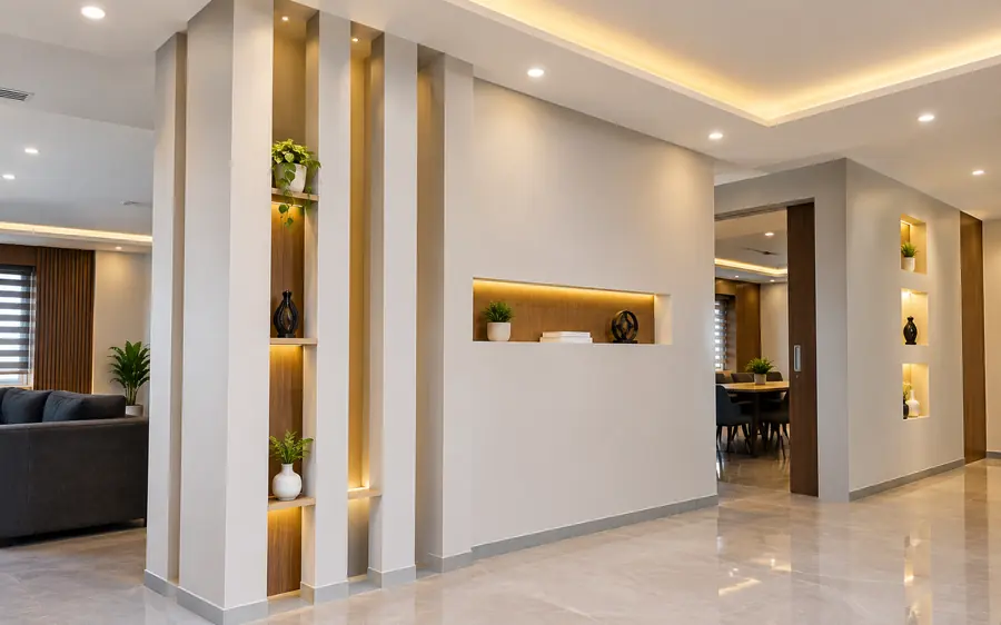 Gypsum board partition with lit display niches and wood panelling