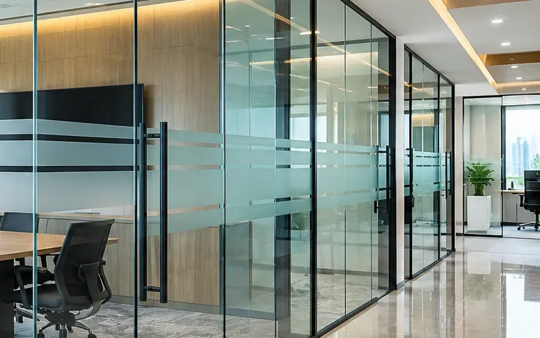 Glass meeting room partition in a Chennai office floor