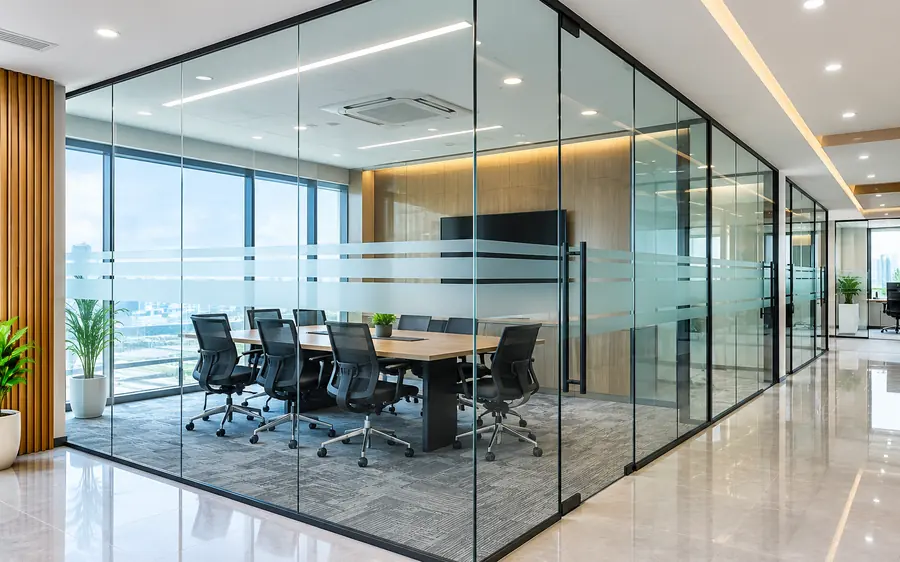 Frameless toughened glass office cabins with manifestation film